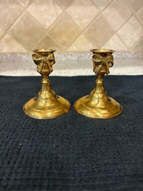 Vintage brass candlestick holders (bow/ribbon)